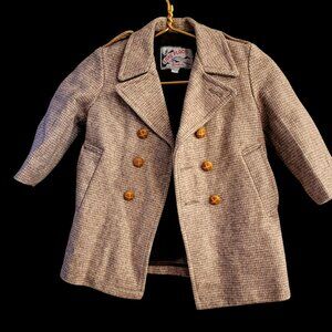 Vintage Lake Placid Boys Houndstooth Wool Double-Breasted Coat W/ Belt